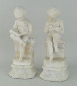S MANUCCI PAIR OF MARBLE SCULPTURES two nude infants studying and writing the alphabet seated on