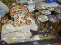 BOX CONTAINING MASON'S IRONSTONE 'BROWN VELVET', set of three graduated jugs, similar vase, plate