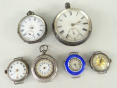 SIX SILVER / WHITE METAL VINTAGE WATCHES comprising three wristwatches (without bracelets),