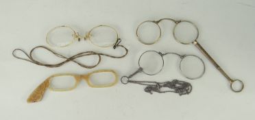 FOUR VINTAGE PAIRS OF SPECTACLES including silver wire rim glasses, yellow metal similar, yellow