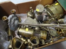 BOX OF VARIOUS BRASSWARE including miner's lamps, spirit kettle, Toby Jugs ETC