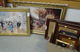 TWO MODERN REPRODUCTION PARISIAN SCENE GILT FRAMED PRINTS, together with a parcel of empty wooden