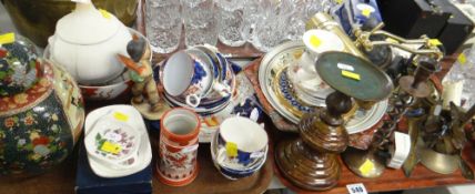 TWO TRAYS OF MIXED CHINA including Gaudy Welsh teaware, brass, adjustable lamp ETC