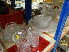 VARIOUS PRESSED & CUT GLASS VASES, TABLE CENTRES, JUGS ETC