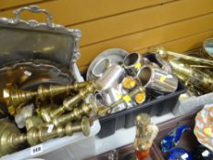 THREE BOXES OF MIXED METALWARE including EPNS teaware, brass candlesticks, miner's lamps, trays ETC