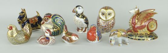 NINE ROYAL CROWN DERBY SCULPTURES, eight being of animals and one dragon, together with another