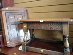 LIGHT OAK CARVED STOOL together with a small oak hanging corner cupboard, 66cms high x 45cms