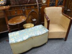 PARCEL OF FURNITURE to include bow front ottoman, torchère, circular stool, side table, wicker