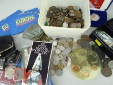 COINAGE & LOOSE STAMPS contained within a shoe box, various purses and an old tin deed box and