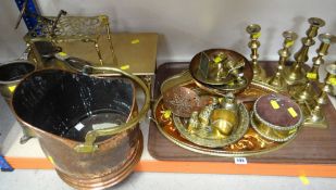 VARIOUS METALWARE to include copper and brass handled helmet, coal scuttle, brass-style footman,