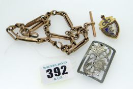 9CT GOLD GENTS WATCH CHAIN, silver brooch, pin badge ETC