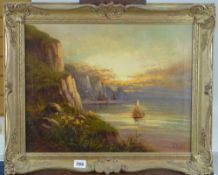 FRANK HIDER (1861-1933) oil on canvas - coastal scene at sunset with sailing boats, entitled