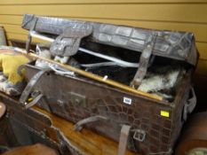 VINTAGE ALLIGATOR SKIN TRUNK with straps, carry handles, and silk interior, including contents of