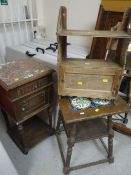 VINTAGE OAK & MARBLE TOP BEDROOM CUPBOARD, wall cupboard and oak tiled top side table (3)