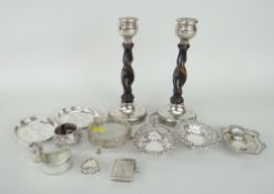 SILVER / PART-SILVER ITEMS including pair of wooden barley twist candlestick holders with silver