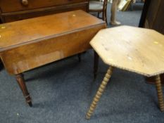 LIGHT OAK PEMBROKE TABLE with drawer to one end, together with a vintage octagonal pine bobbin three