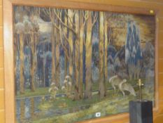 A LARGE VINTAGE WOOLWORK PANEL of storks in a woodland, 72 x 113cms (including oak frame)