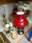 VARIOUS LAMPS & LAMP SHADES including reproduction oil lamp, Moorcroft table lamp (damaged),