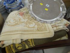 VARIOUS FABRIC FURNISHING THROWS together with a circular EPNS tray