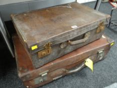 TWO VINTAGE BROWN LEATHER RIGID SUITCASES
