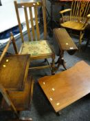 REPRODUCTION DROP LEAF SIDE TABLE, bed tray and folding cake stand, and a splat back chair
