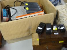 SIX SMALL TREEN BOXES together with a vintage Paximat electric slide projector