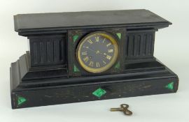 VICTORIAN BLACK SLATE MANTEL CLOCK with inlaid malachite decoration and circular dial of
