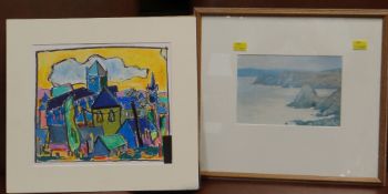 PETER ROSSITER mixed media - colourful view of Carmarthen, signed, 23 x 26cms (mounted not