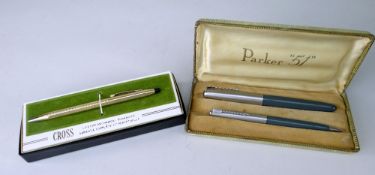 CASED PARKER '51' FOUNTAIN PEN & PENCIL SET together with Cross gold filled ball point set