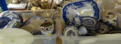 TWO CRATES OF VARIOUS BLUE & WHITE CHINA teaware, dinnerware ETC