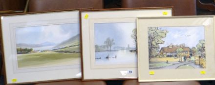 R WITCHARD watercolours, a pair - landscapes, signed, 24 x 38cms, together with another