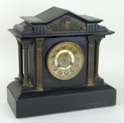 VICTORIAN BLACK SLATE ARCHITECTURAL MANTEL CLOCK of classical form with filigree detail to the