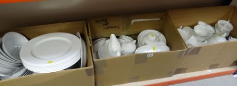 THREE BOXES OF MAINLY WEDGWOOD PLAIN WHITE BONE CHINA DINNER & TEAWARE