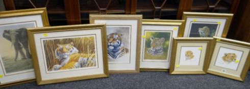 STEPHEN GAYFORD nine framed limited edition prints - various big cats and one of an elephant, each