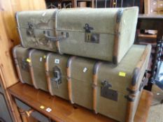 VINTAGE CANVAS & BANDED TRUNK together with a similar suitcase (2)