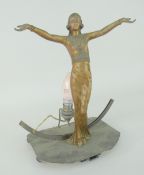 VINTAGE ART DECO FIGURAL METALLIC TABLE LAMP in a form of a female in long elegant dress with arms