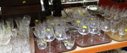 FOUR TRAYS OF VARIOUS CUT GLASS & OTHER DRINKING GLASSES