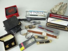 SMALL COLLECTABLES INCLUDING WATCHES, FOUNTAIN PENS ETC, includes Parker in case, pair of 1960s
