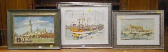 THREE MODERN ORIGINAL PAINTINGS including oil on board - Polish cathedral with figures walking in