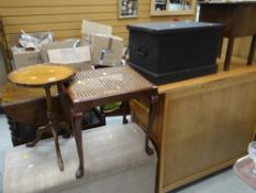 PARCEL OF FURNITURE to include dome top ottoman, reproduction wine table, vintage oak sewing box