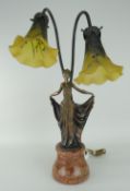 GOOD QUALITY REPRODUCTION TWIN-BRANCH FIGURAL TABLE LAMP in the French Art Nouveau style with floral