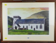 OGWYN DAVIES signed print - Welsh church with hymn typography entitled 'Eglwys Llancarfan',