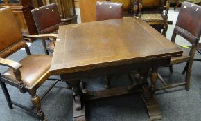 VINTAGE OAK DRAW-LEAF DINING TABLE on bobbin supports and with centre stretcher, together with