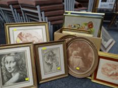 LARGE PARCEL OF FRAMED FURNISHING PICTURES including antique print on glass, Musee Du Louvre Watteau
