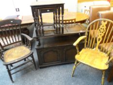 REPRODUCTION DARK OAK MONKS BENCH, nest of three oak tables, wheel and spindle back chair and