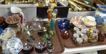 TWO TRAYS OF MIXED CHINA & GLASS including paperweights, Japanese export teaset, blue and white jug,