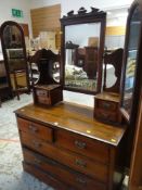 VINTAGE MAHOGANY TRIPLE MIRROR BACK DRESSING TABLE with shelving and drawers to the top, two short