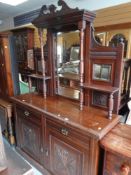 VINTAGE MAHOGANY MIRROR BACK SIDEBOARD with carved decorated doors, 197cms high x 137cms wide