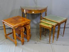 A HALF MOON HALL TABLE on reeded and tapered supports, similar leather tool top nest of three and