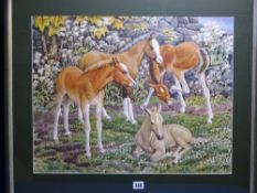 CHARLES FREDERICK TUNICLIFFE coloured print - four ponies by a flower bedecked wall, 46 x 58cms